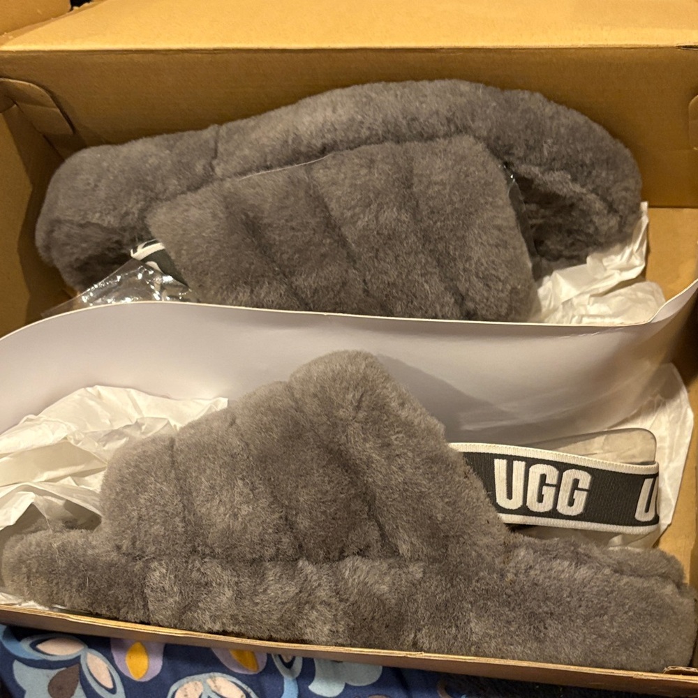 UGG Charcoal Fluffy Slide Sandals worn 2 twice